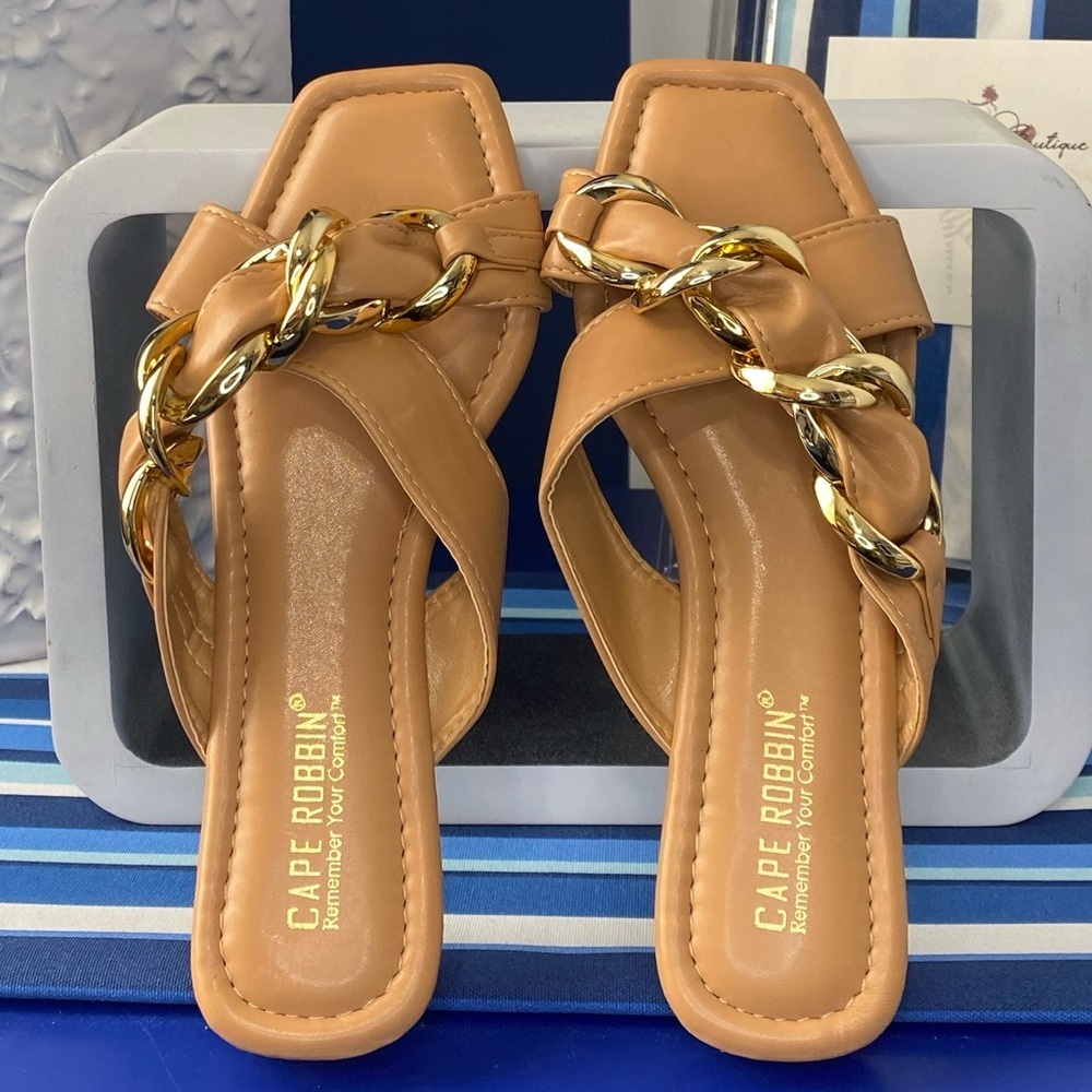 Nude cognac square toe cross cross gold chain hardware flat slide sandals - Picture 6 of 11